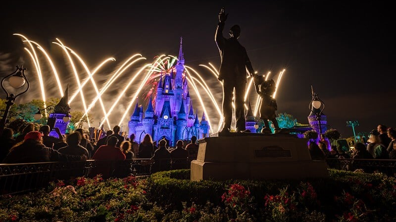 Pessoas assistindo ao show Happily Ever After na Disney Orlando