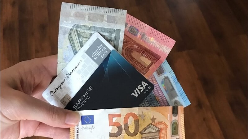 Mão segurando um cartão de crédito e notas de euro
