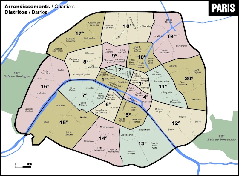 Mapa com as regiões de Paris