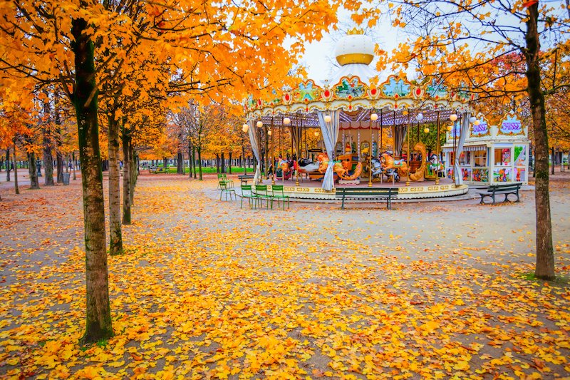 Carrossel num parque em Paris cercado de árvores com folhas alaranjadas
