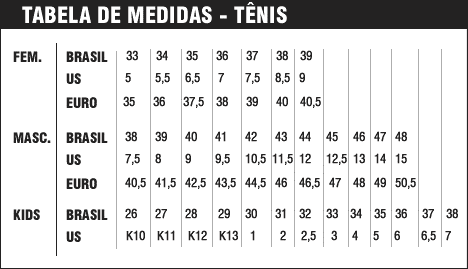 Tabela de medidas de tênis nos EUA