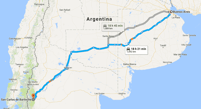 Mapa de carro para Bariloche saindo de Buenos Aires
