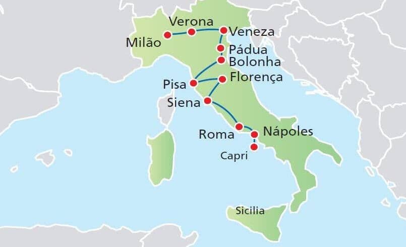 Mapa do roteiro de carro na Itália