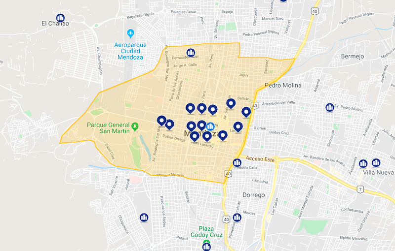 Mapa com os hotéis em Mendoza