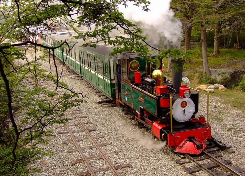Trem andando por uma estrada de ferro em meio à floresta