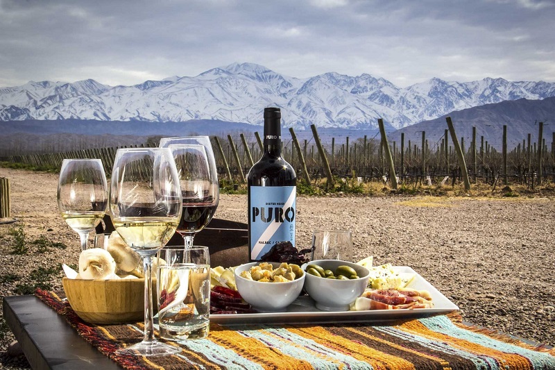 Mesa em vinícola em Mendoza, nota-se pães e petiscos além de vinhos e taças. Ao fundo, percebe-se a vinícola e montanhas com neve