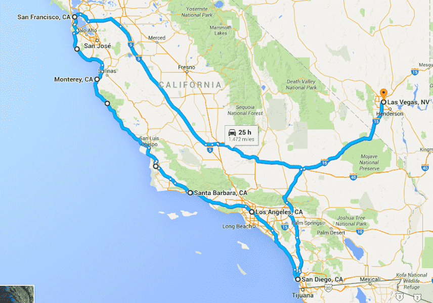 Mapa de San Francisco a San Diego