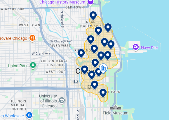 Mapa personalizado dos melhores hotéis em Chicago Mapa personalizado dos melhores hotéis em Chicago