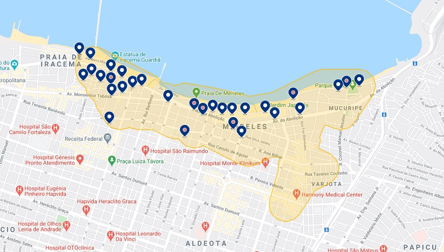 Mapa da localização de hotéis em Fortaleza