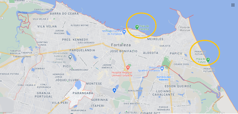 Mapa para saber onde ficar hospedado em Fortaleza