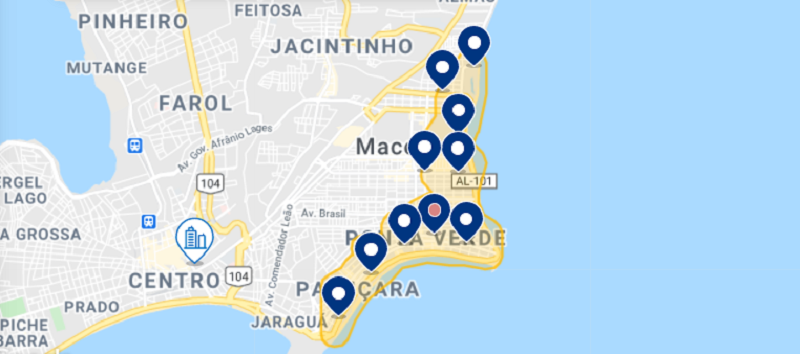 Mapa com as melhores regiões onde ficar em Maceió