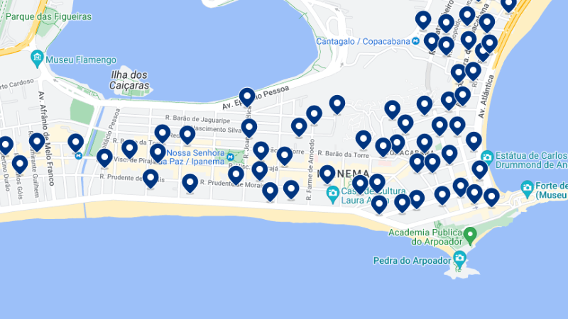 Mapa de hotéis em Ipanema no Rio de Janeiro