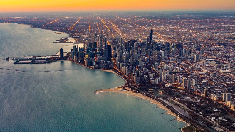 Vista aérea do anoitecer em Chicago