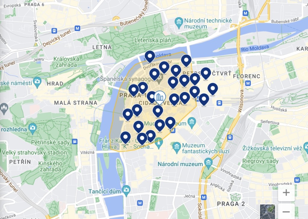 Mapa hotéis Cidade Velha em Praga