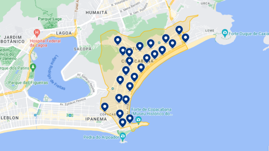 Mapa de hotéis em Copacabana