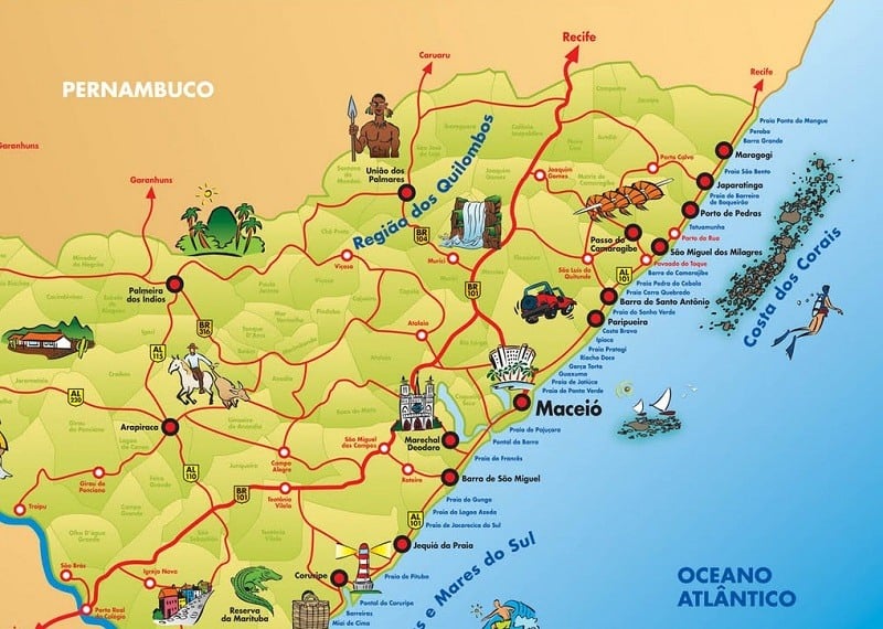 Mapa com as praias e atrativos de Maceió