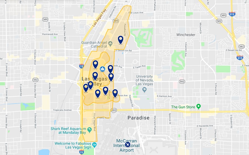 Mapa dos melhores hotéis na avenida Las Vegas Strip