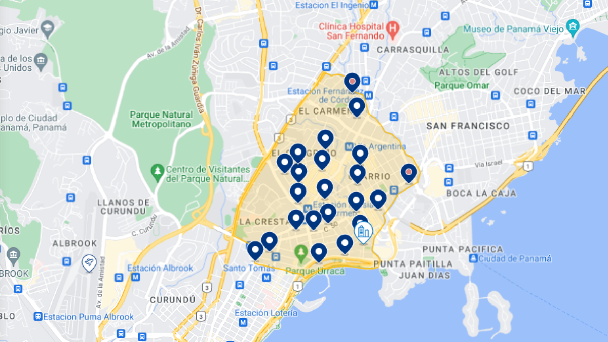 Mapa de hotéis na Cidade do Panamá