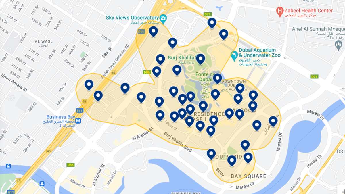 Mapa de hotéis em Downtown Dubai