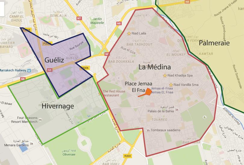 Mapa de regiões e bairros em Marrakech