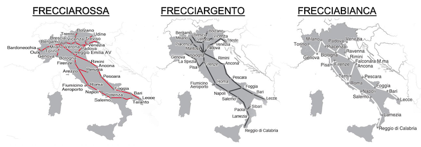 Mapas dos trens de alta velocidade na Itália