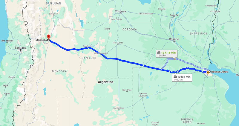 Mapa de Buenos Aires para Mendoza de carro