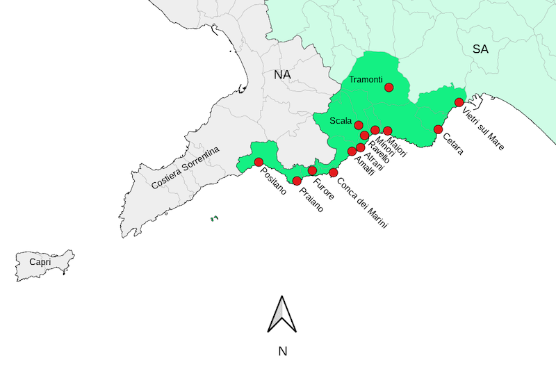 Mapa da Costa Amalfitana na Itália