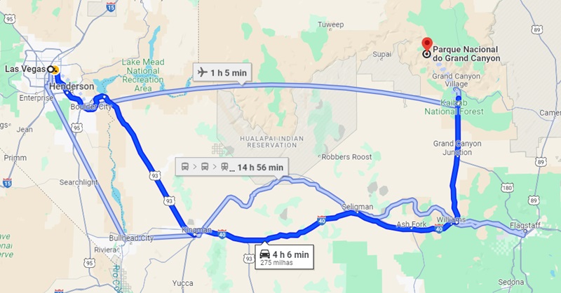 Mapa de Las Vegas até o Grand Canyon