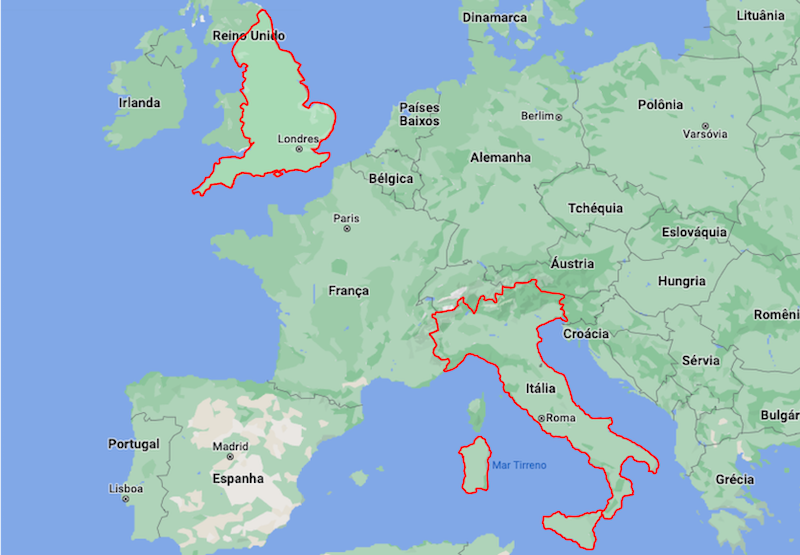 Mapa da Itália e Inglaterra