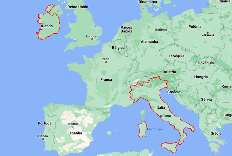 Mapa da Itália e Irlanda