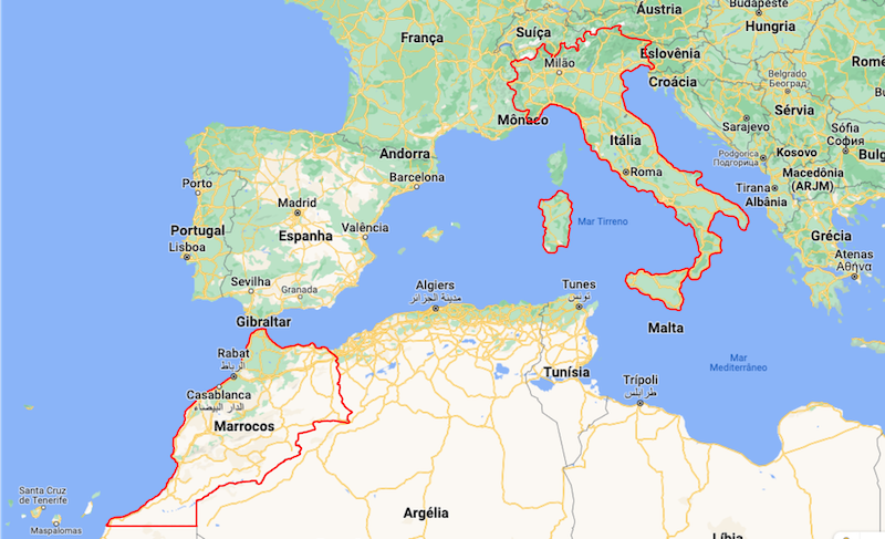 Mapa da Itália e Marrocos