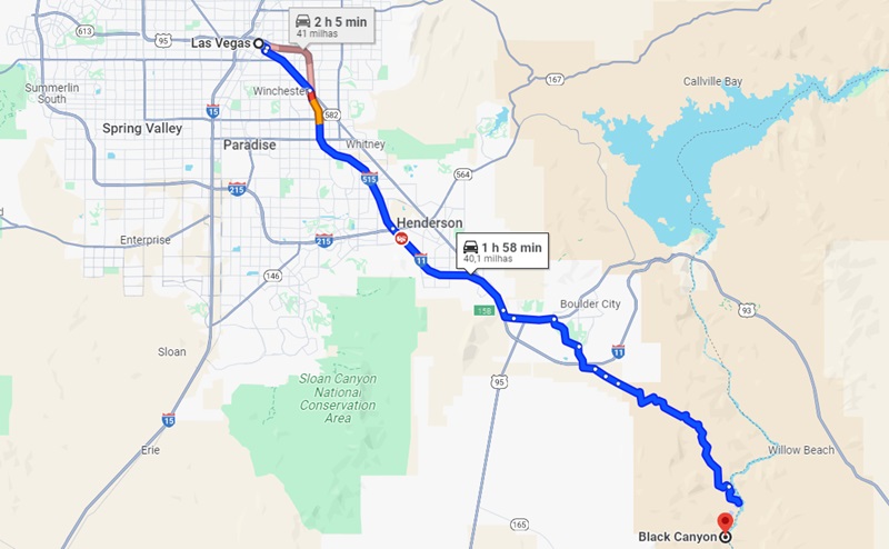 Mapa de Las Vegas ao Black Canyon