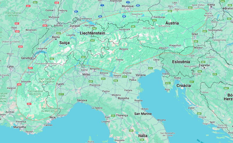 Mapa da localização dos Alpes Italianos