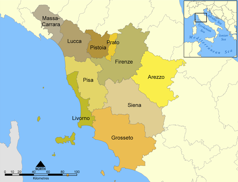 Mapa das províncias da Toscana na Itália
