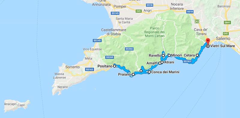 Mapa do roteiro de carro na Costa Amalfitana