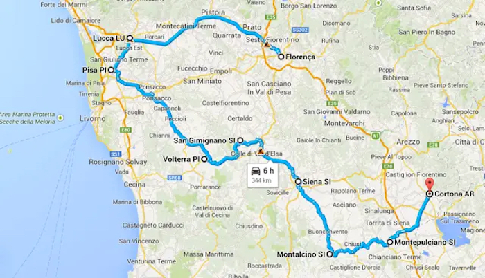 Mapa do roteiro de carro na Toscana