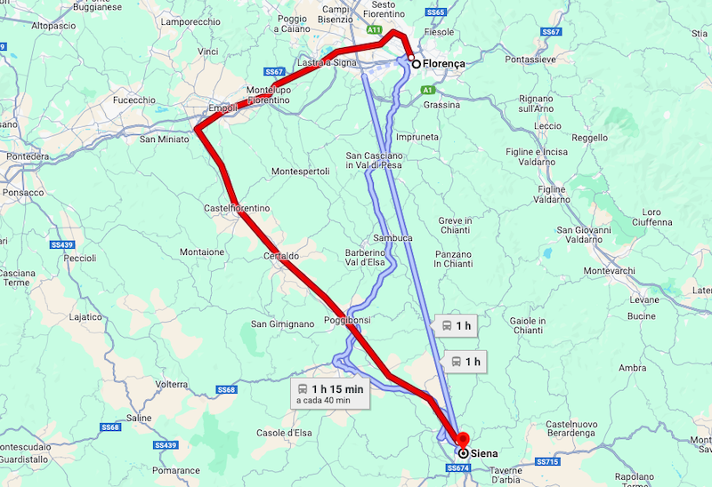 Mapa do trajeto de trem de Florença a Siena
