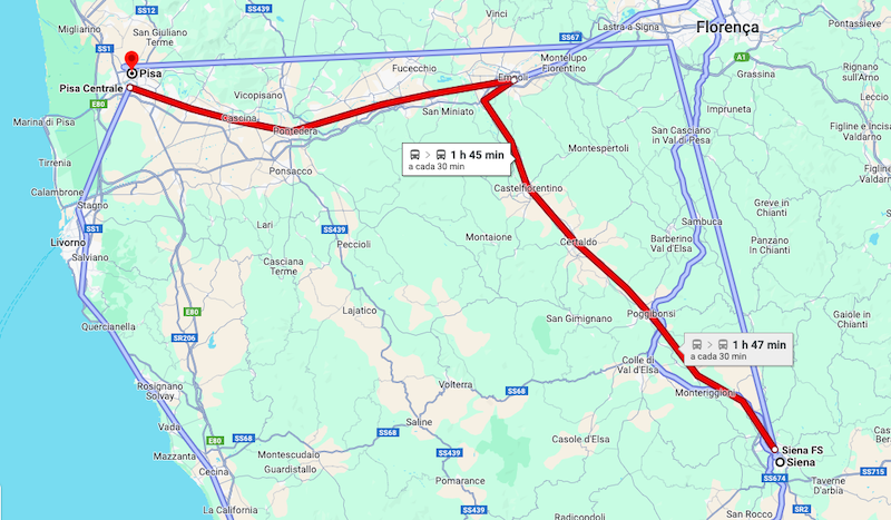 Mapa do trajeto de trem de Siena a Pisa