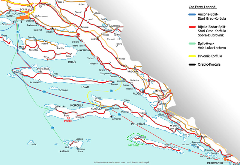 Mapa dos trajetos de ferry boat da Itália para a Croácia
