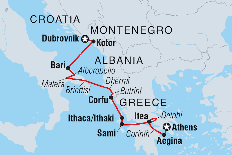 Mapa dos trajetos de ferry boat da Itália para a Grécia
