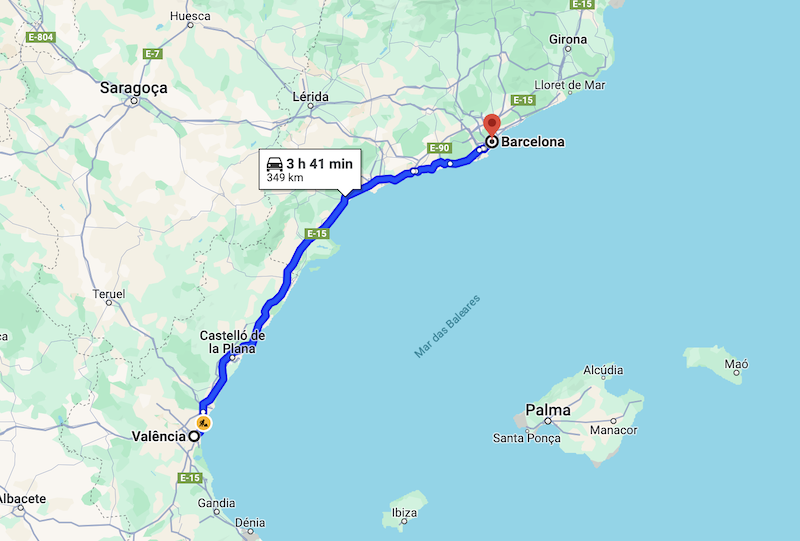 Mapa da viagem de Barcelona a Valência


