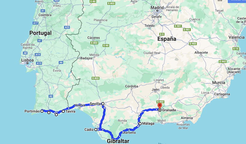 Mapa viagem de 7 dias por Portugal e Espanha