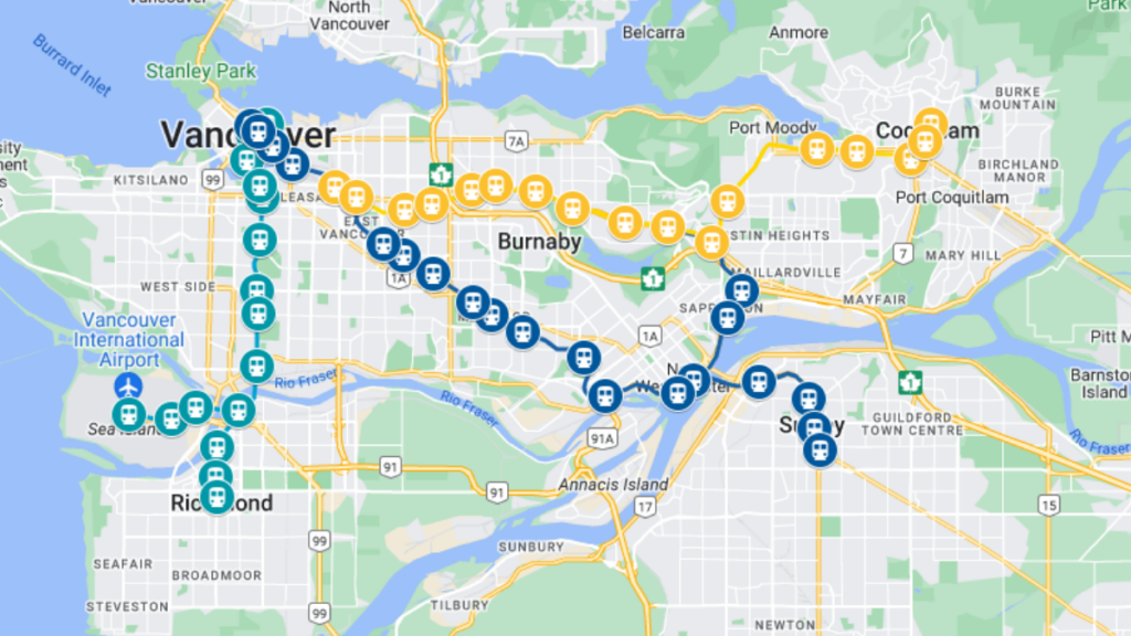 Mapa da área de cobertura do Skytrain, fornecido pelo site oficial da Translink.