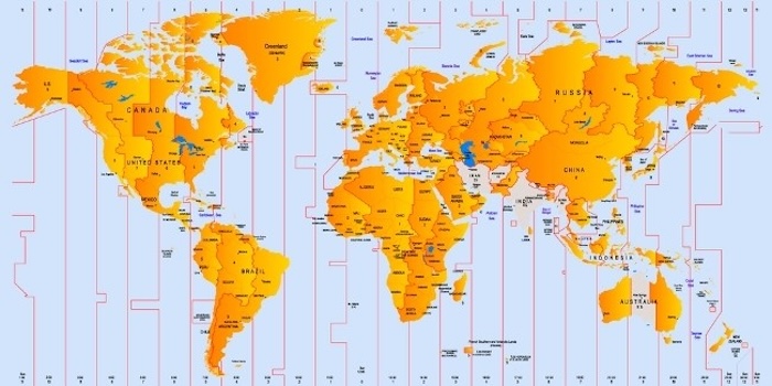 Mapa com os fusos horários