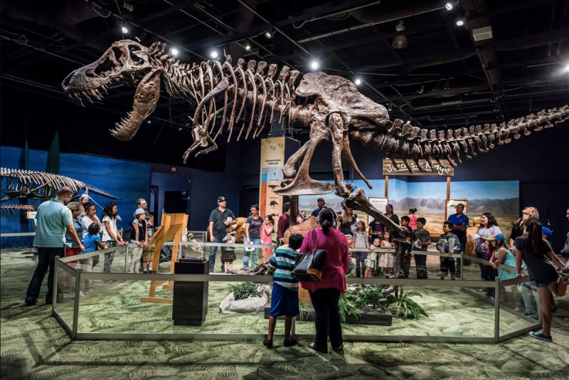 Dinossauro e visitantes no Orlando Science Center