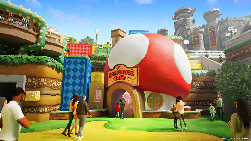 Entrada do Toadstool Café no Super Nintendo World na Universal Orlando