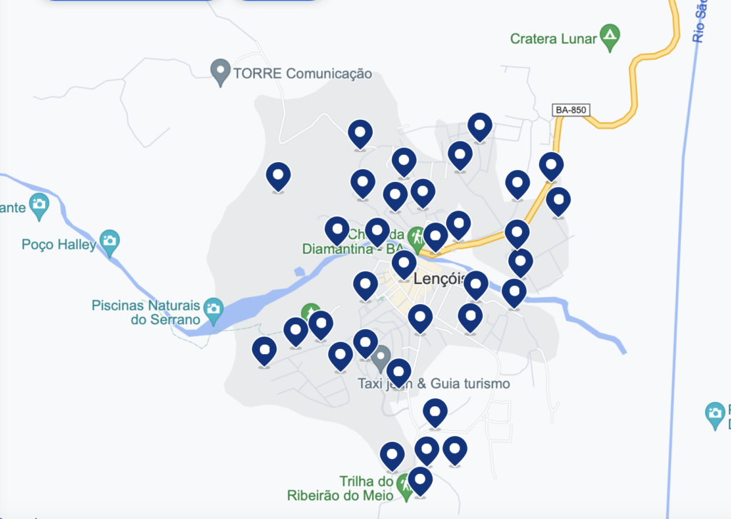 Mapa das hospedagens em Lençóis