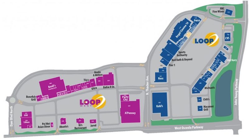 Mapa dos outlets The Loop e Loop West em Kissimmee próximo a Orlando