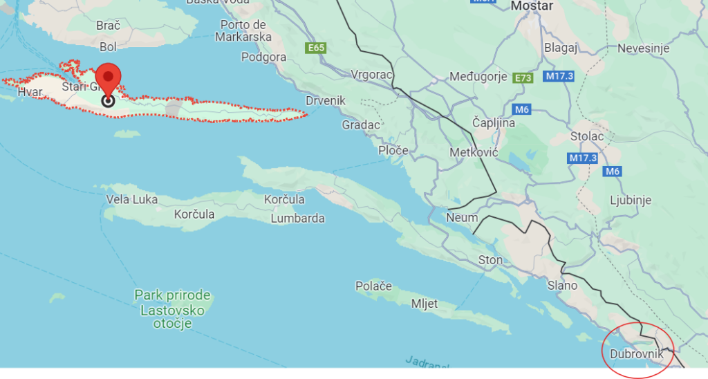 Mapa que mostra Dubrovnik e Hvar