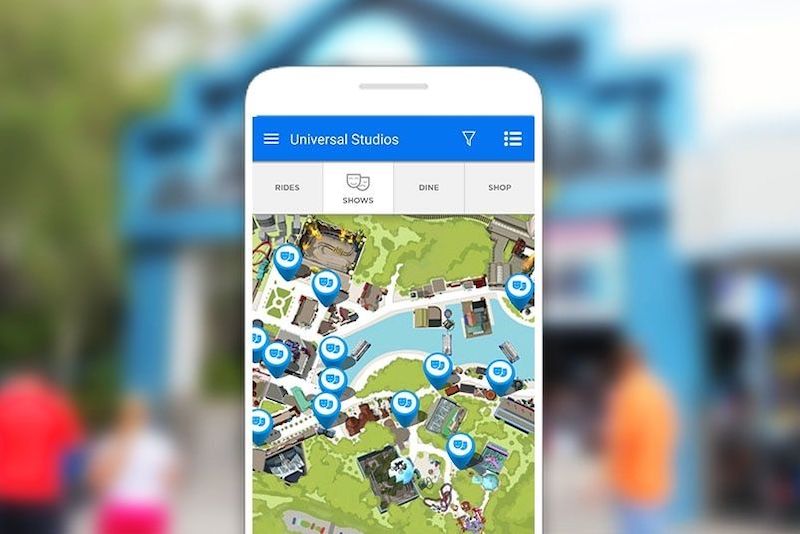 Mapa dos shows do Universal Studios no aplicativo Universal Orlando Resort